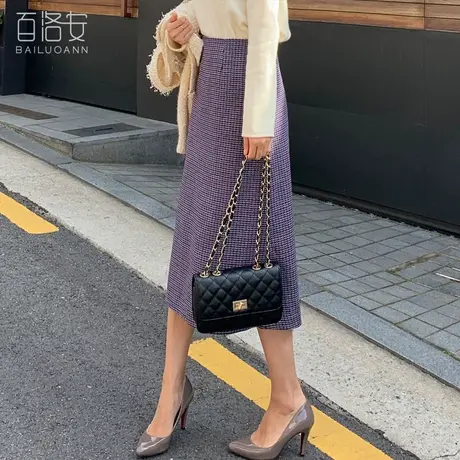 百洛安高腰显瘦半身裙女冬装新款韩版中长款格子裙通勤百搭A字裙图片