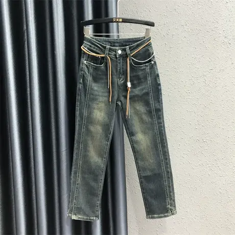 2023秋季新款怀旧复古个性抽绳设计感牛仔直筒裤女高腰显瘦烟管裤商品大图