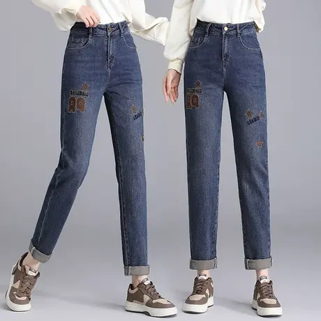 牛仔微垮裤女秋季高腰大码潮流刺绣哈伦裤今年爆款弹力休闲老爹裤图片