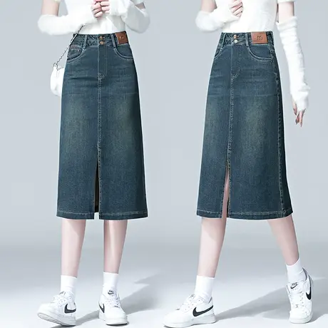 开叉牛仔半身裙女2023春秋新款时尚复古a字中长款包臀遮跨直筒裙图片