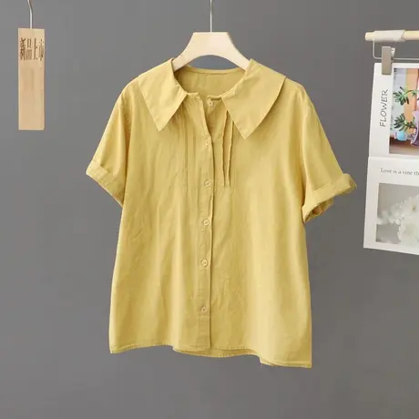 2023年夏季新款娃娃领短袖衬衫女装小众休闲纯色衬衣宽松百搭上衣商品大图
