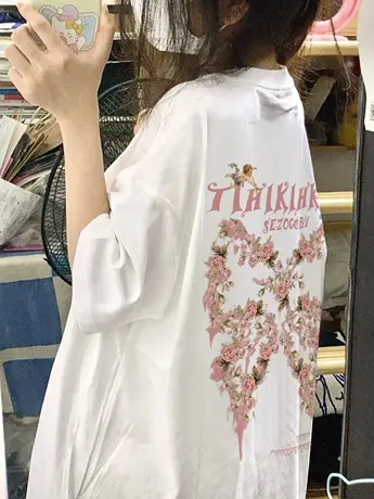 美式复古纯棉短袖t恤女2023夏季宽松潮牌ins设计感小众半袖上衣服商品大图