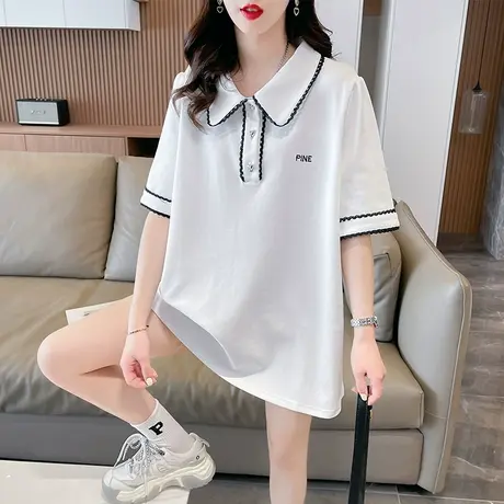 翻领polo衫短袖t恤女夏季韩版宽松大码女装中长款蕾丝花边上衣服图片