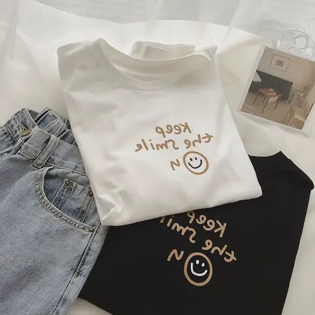 短袖2021年新款女夏季宽松韩版学生半袖白色t恤休闲 韩风chic上衣商品大图