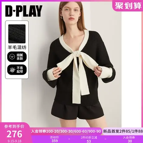 DPLAY2023秋学院风黑拼白撞色蝴蝶结系带氛围感加厚宽松套头毛衣图片