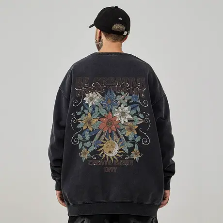 美式复古嘻哈加肥加大码圆领卫衣男装ins纯棉重磅做旧高街春秋季商品大图