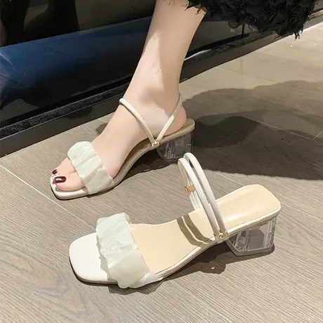 法式2023夏季新款高跟粗跟透明凉鞋女时尚外穿水晶跟百搭两穿拖鞋商品大图