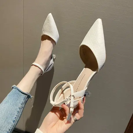 包头凉鞋女细跟2023年春季新款一字带尖头中空高跟鞋软皮职业单鞋商品大图