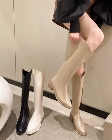 高筒靴女夏2023新款白色V口小个子长靴瘦瘦长筒靴尖头骑士靴秋商品大图