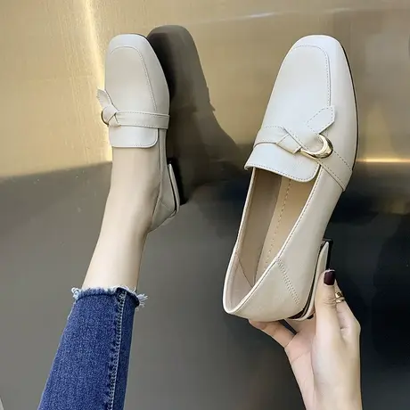 豆豆鞋女2025春季新款百搭方头乐福瓢鞋粗跟小皮鞋一脚蹬两穿单鞋商品大图
