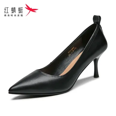 红蜻蜓女鞋春秋新款牛皮真皮细跟软皮软底百搭职业时尚透气高跟鞋图片