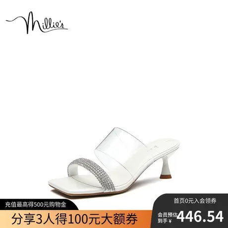 millie's妙丽夏季气质法式晚风镶钻时尚外穿一字带细高跟女凉拖鞋图片