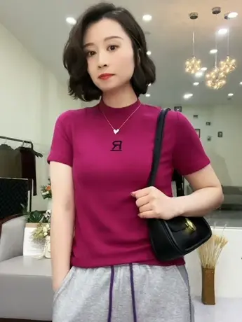 t恤女2023新款夏季休闲纯色半高领百搭修身小衫时尚洋气上衣ins潮商品大图
