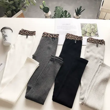 2020早春新款韩国东大门打底裤豹纹高腰纯色螺纹九分裤外穿大码潮图片