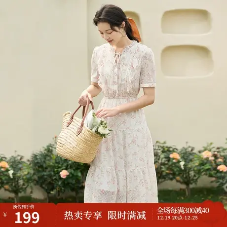 茵曼修身显瘦连衣裙2023夏女装新款荷叶边门襟松紧腰拼接下摆长裙商品大图