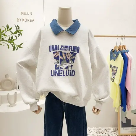 学院风牛仔领卫衣2022春季新款韩国东大门Polo小翻领上衣宽松休闲商品大图