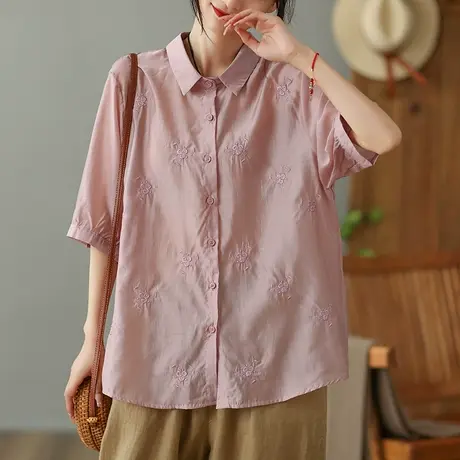 dza 复古纯色刺绣衬衫女士2023夏季薄款翻领衬衣漂亮宽松开衫上衣图片