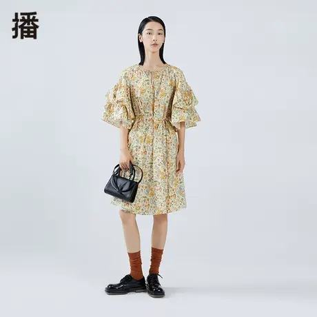 播2023夏季新品五分袖高腰A字短裙气质V领小碎花喇叭袖连衣裙女图片