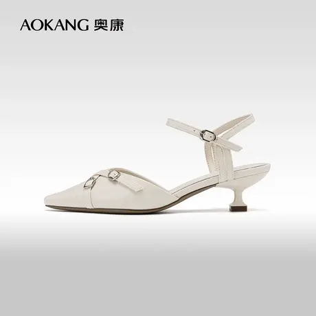 奥康女鞋 2024夏季新款复古尖头一字带时装凉鞋气质酒杯根通勤鞋图片