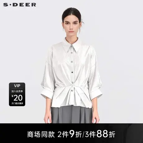 【商场同款】sdeer圣迪奥女OL风翻领压褶泡泡袖衬衫S25280405图片