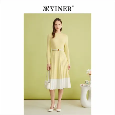 YINER音儿专选春季法式优雅含绵羊毛修身收腰A字连衣裙图片