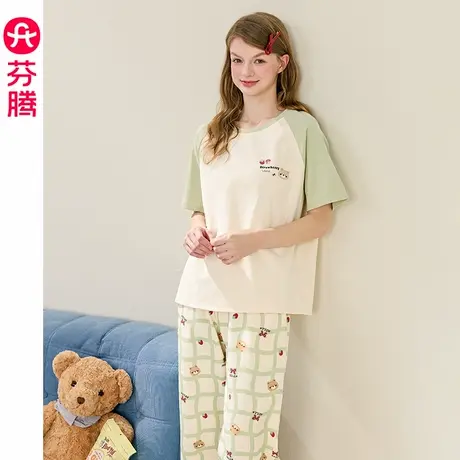 芬腾纯棉睡衣女款夏季新款短袖七分裤套装薄款凉感夏天大码家居服商品大图