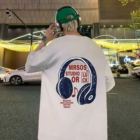 2025新款夏季短袖T恤男oversize音乐耳机宽松半袖潮牌纯棉体恤衫商品大图