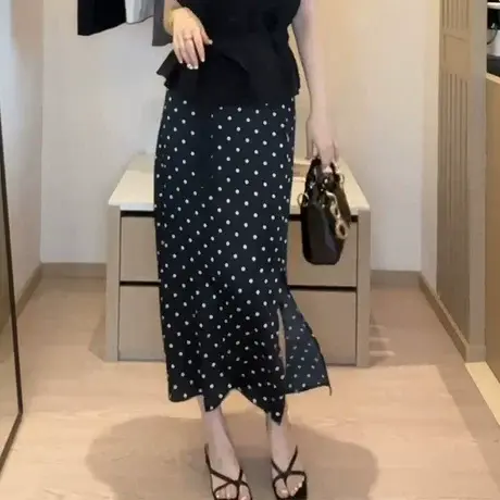 醋酸缎面波点半身裙中长款女夏季2025新款显瘦垂感直筒包臀a字裙图片
