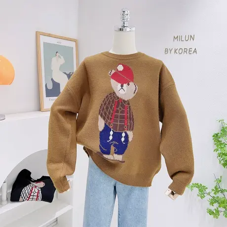 2022秋冬新款日系原宿风帅气小熊软糯保暖加厚圆领毛衣针织衫大码图片