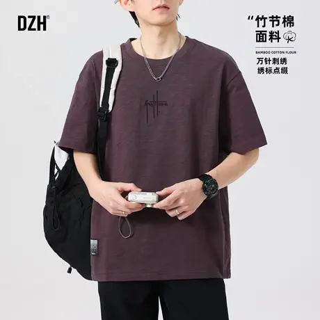 男生纯棉透气运动短袖t恤男款美式高街2025新款紫色夏季上衣潮牌商品大图