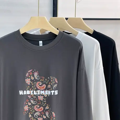 潮牌基础小熊印花长袖T恤男女同款春秋季美式复古休闲卫衣体恤衫商品大图