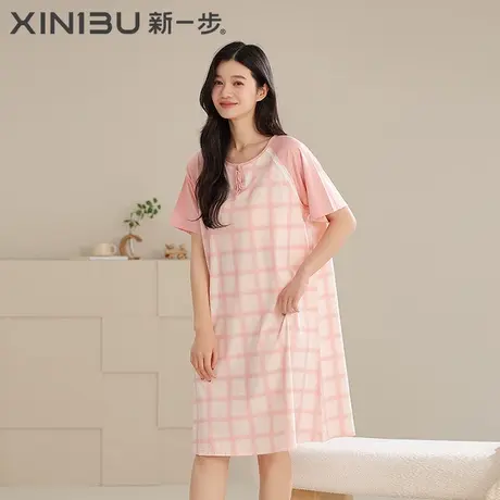 新一步纯棉中长款女夏薄款睡衣透气凉爽格子印花睡裙大码家居服商品大图