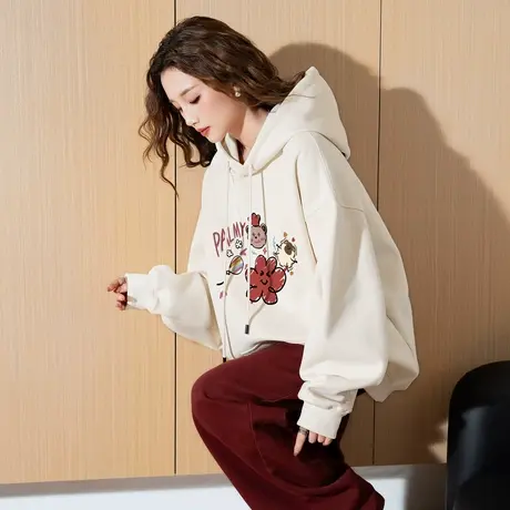 唐狮秋季新款女连帽卫衣趣味涂鸦少女宽松休闲初中生帽衫商品大图
