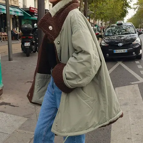 羊羔毛两面穿工装棉衣女中长款韩版宽松大码立领棉服加厚保暖棉袄商品大图