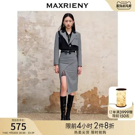MAXRIENY复古气质通勤包臀千鸟格半裙23早秋高腰开衩裙子图片