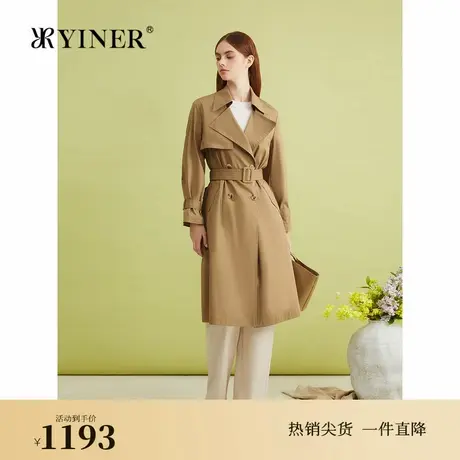 YINER音儿春季时尚长款松弛感西装领系带收腰风衣外套商品大图