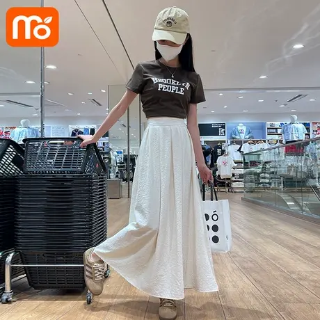 白色奶芙山本裙子女夏高腰显瘦a字百褶中长伞裙肌理感大摆半身裙图片