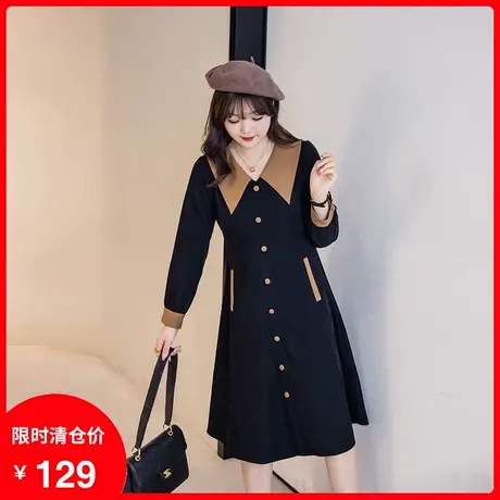 2023年秋季新款翻领磨毛连衣裙大码胖MM显瘦遮肉长款A字小黑裙商品大图