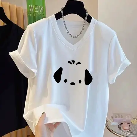 oversize超火减龄夏天巨好看的t恤微胖mm白色v领上衣女ins情侣装商品大图