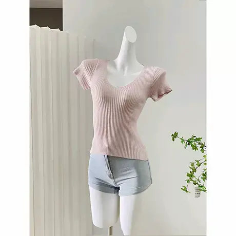 Onoev少女感温柔风简约气质修身V领针织衫上衣女薄款短袖T恤女图片