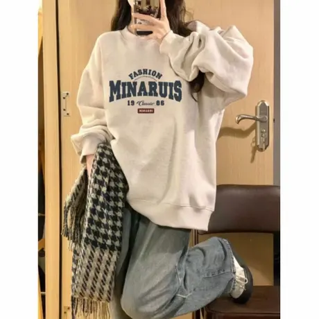欧货圆领加绒加厚花灰色卫衣女秋冬宽松oversize国风重磅薄款上衣图片