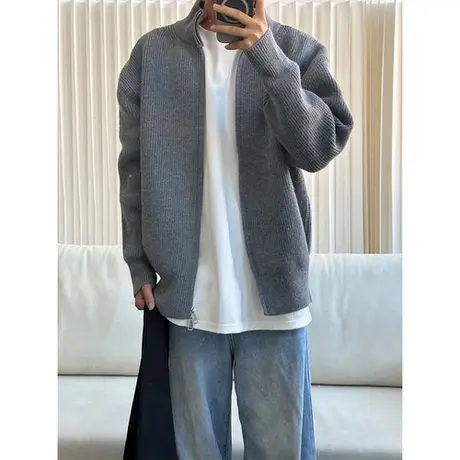 cleanfit灰色拉链毛衣男慵懒高级感秋季针织开衫立领美式复古夹克商品大图