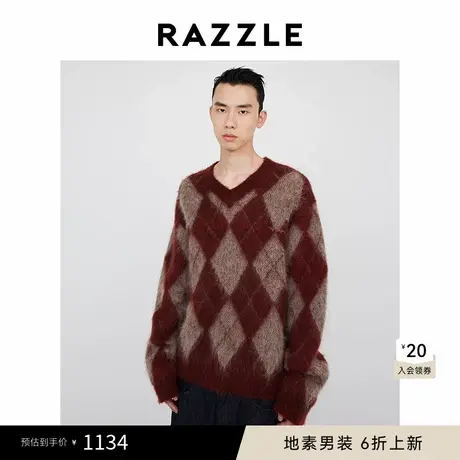 RAZZLE地素 男装深红色2025春季V领菱格纹套衫图片