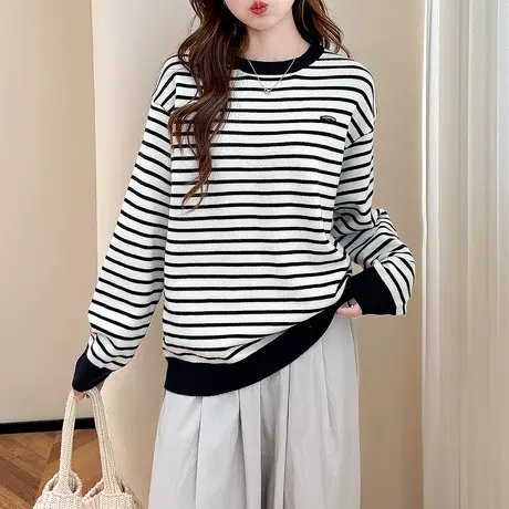 唐狮秋冬毛衣女休闲减龄条纹圆领套头春秋可外穿百搭上衣女装tu商品大图