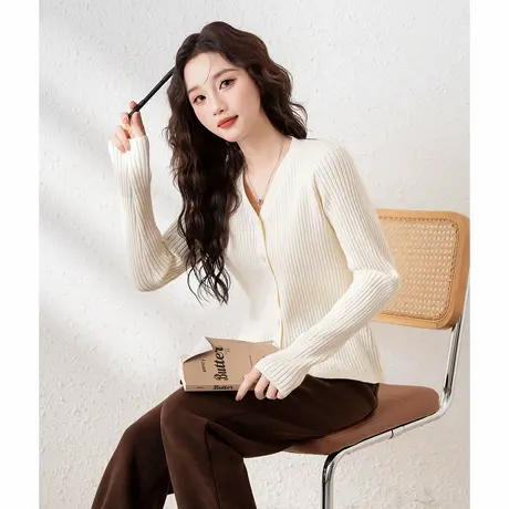 唐狮V领门襟长袖打底衫女新款春秋季白色坑条毛线衫设计感TE商品大图