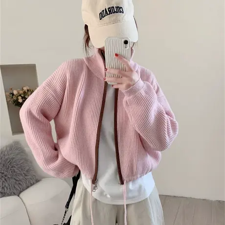 设计感立领拉链毛衣外套女秋冬新款宽松洋气减龄下摆抽绳开衫上衣商品大图