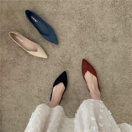 【真皮】尖头平底单鞋女2023年新款秋季绒面小香风舒适奶奶鞋瓢鞋商品大图