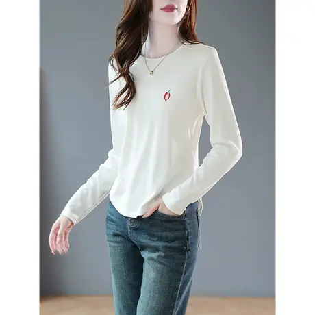 宝诗黎圆领刺绣长袖白T恤女内搭修身显瘦棉质上衣2023年初秋新款商品大图