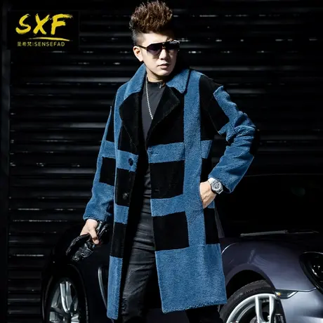 SXF圣希梵男士皮草外套 2020新款皮毛一体潮牌格子中长款皮大衣男图片