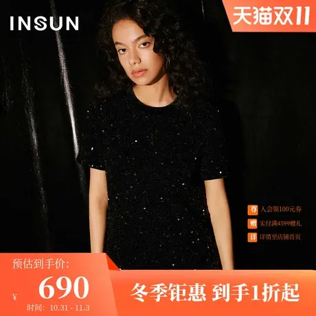 恩裳COVER2023秋季新品重工亮片奢华衬衫小众设计圆领短袖上衣女商品大图